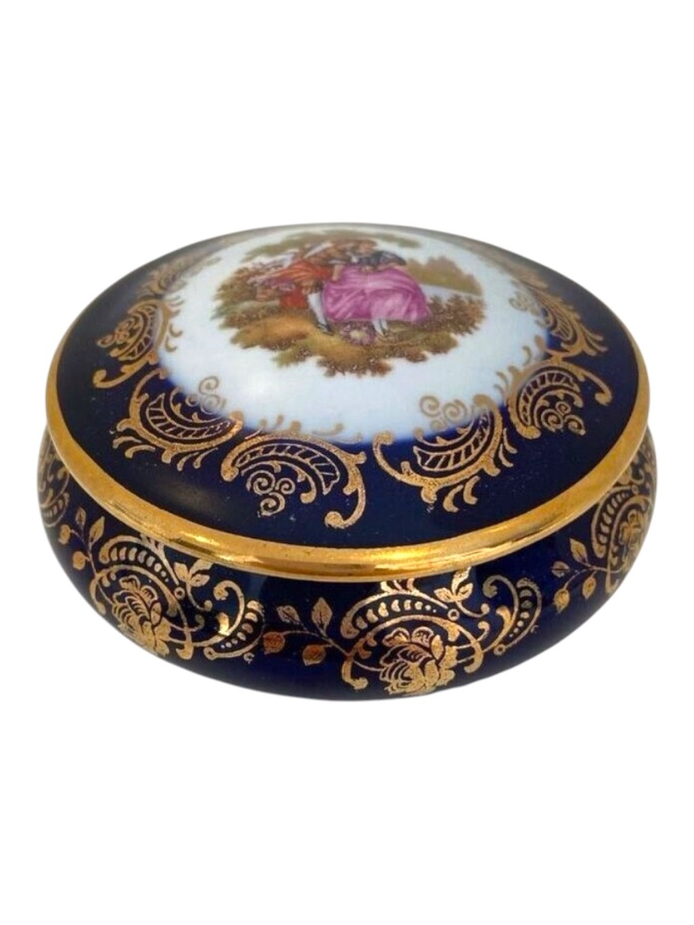 Vintage Limoges France Cobalt Blue Porcelain Jewelry Trinket Box Gold Romantic